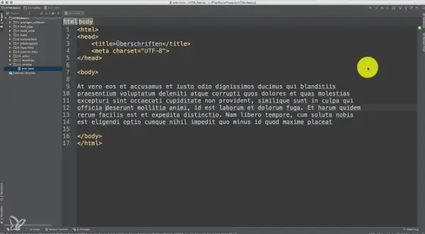 Código HTML con texto de relleno. El `<body>` muestra un ejemplo de cómo se puede usar un salto de línea en HTML para organizar el contenido.