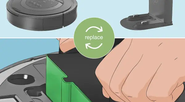 Mano insertando un depósito verde en un robot aspirador. Si tu roomba no recoge suciedad en el depósito, quizás necesites reemplazarlo.