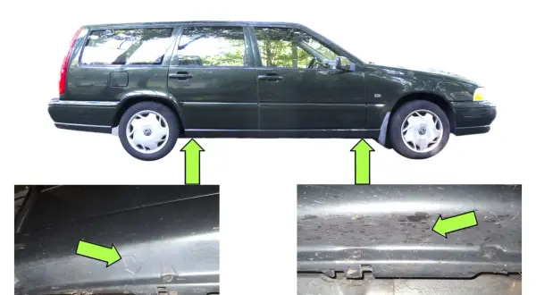 Grön Volvo V70 med pilar som visar lyftpunkter. Detaljbilder visar var man ska placera domkraften.
