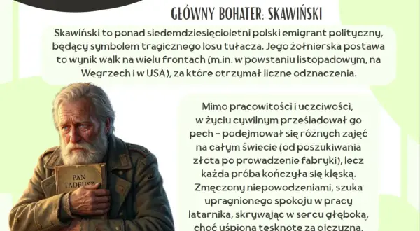 Siedemdziesięcioletni Skawiński, bohater "latarnik streszczenie", z "Panem Tadeuszem" na piersi, szuka spokoju po tułaczce.