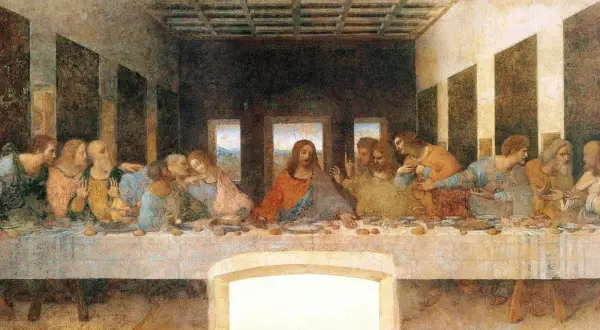 Ostatnia wieczerza oryginał Leonarda da Vinci. Jezus pośród apostołów przy stole.