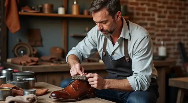 Un homme nettoie une chaussure en cuir marron avec une brosse. Il sait comment enlever du cirage sur des chaussures en cuir.