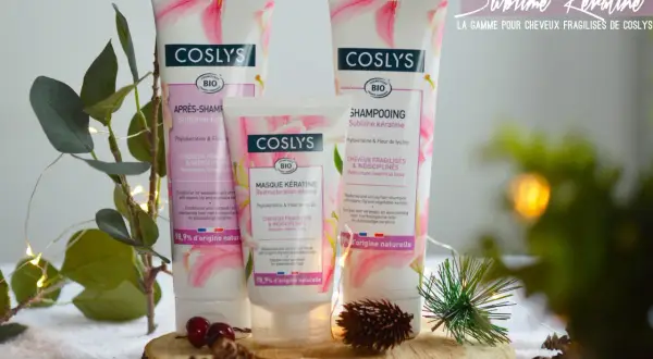Gamme Coslys Sublime Kératine : après-shampoing, masque et shampoing pour cheveux fragiles. Soin à la kératine et fleur de lys bio.