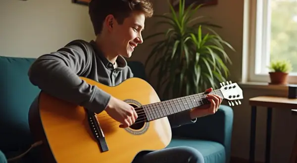 Ein Junge sitzt auf einem Sofa und zupft fröhlich auf seiner Gitarre.