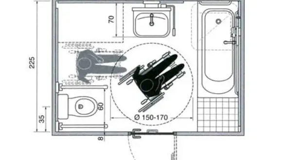 Plan d'une salle de bain PMR avec WC, baignoire et lavabo, optimisée pour la circulation en fauteuil roulant.