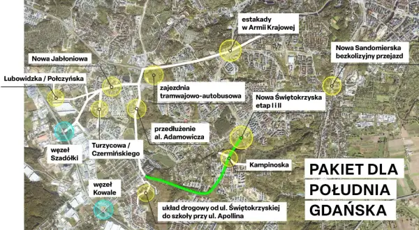 Mapa planowanych inwestycji drogowych w Gdańsku. Widoczny zielona zatoka łącznik między ulicami.