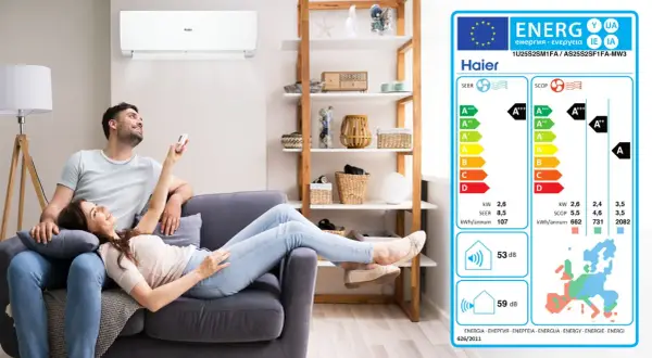 Coppia rilassata con condizionatore Haier. Etichetta energetica mostra classe climatica T1, condizionatori significato A+++, SEER 8,5, SCOP 5,5.