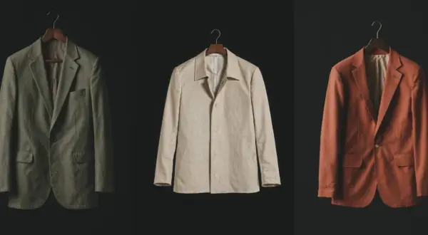 Drei Sakkos in Olivgrün, Beige und Rostrot hängen an Kleiderbügeln. Sie repräsentieren die **slow fashion definition**: zeitlose Designs, hochwertige Materialien und Langlebigkeit.