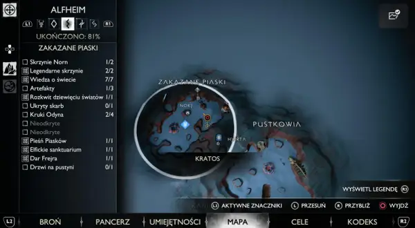 Mapa Alfheimu, obszar Zakazane Piaski. Kratos szuka kruków Odyna, pozostały 2 z 4.