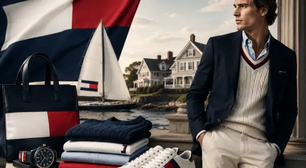 Tommy Hilfiger co to za firma? Stylowy mężczyzna w marynarce, swetrze i spodniach, obok torba, zegarek, swetry i buty. W tle żaglówka i domy.