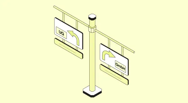 Wegweiser mit Schildern für UG und GmbH. Eine Abzweigung, die den Weg zur UG nach links und zur GmbH nach rechts weist.