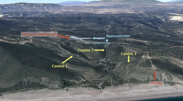 Vista aérea de la **playa de los Muertos** con senderos señalizados: Camino 1, 2 y 3, punto de información, aparcamientos y mirador.