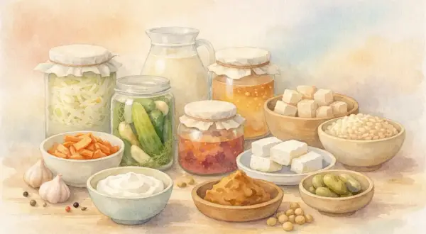Vielfalt an fermentierten Lebensmitteln: Sauerkraut, eingelegte Gurken, Miso, Tofu, Joghurt und mehr.