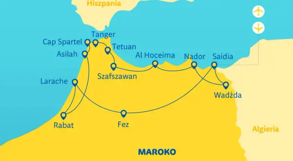 Mapa z trasą wycieczki objazdowej po Maroku: Tanger, Szafszawan, Fez, Rabat, Larache, Asilah, Cap Spartel, Tetuan, Al Hoceima, Nador, Saidia, Wadżda.