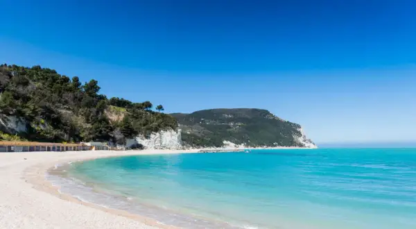 Spiagge di San Benedetto del Tronto con scogliere bianche, vegetazione lussureggiante e mare cristallino sotto un cielo azzurro.