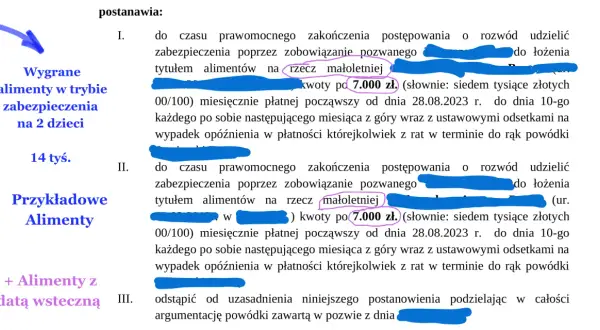 Wygrane alimenty w trybie zabezpieczenia na 2 dzieci, 14 tys. zł miesięcznie. Sprawa o alimenty kosztuje 7.000 zł.