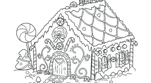 Casa de jengibre decorada con dulces, bastones de caramelo y un árbol de Navidad. Dibujos de Navidad para colorear.