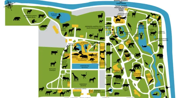 Mapa największego zoo w Polsce z zaznaczonymi wybiegami zwierząt, od lwów po pandy.