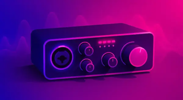 Interfejs audio z różnymi rodzajami złącz, pokrętłami i wskaźnikami LED. Tło z falami dźwiękowymi.