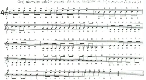 Nuty na gitarze z oznaczeniami palców prawej ręki (i, m). Ćwiczenie palcowania.