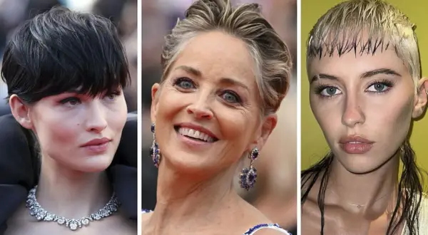 Tre donne con capelli corti, un look che ricorda gli anni '80, sfoggiano acconciature audaci e moderne.