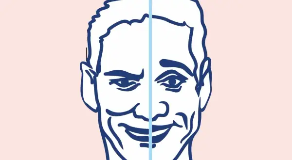 Ilustracja twarzy podzielonej na dwie części, z różnymi wyrazami.