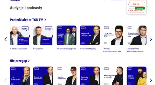 Miniaturki podcastów i audycji radiowych TOK FM, w tym "A teraz na poważnie", "Połączenie", "Jeszcze więcej sportu".