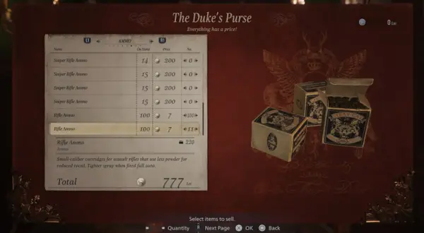 Menu z ekwipunkiem w Resident Evil Village. Gracz przegląda amunicję, co jest kluczowe w tym poradniku.