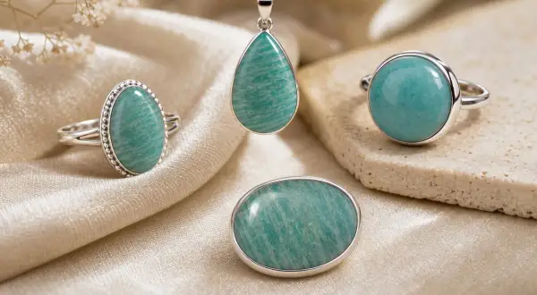 Joyas con amazonita, piedra conocida por sus propiedades calmantes y de equilibrio. Anillos y colgante con gemas verde azulado.