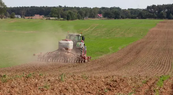 Traktor z siewnikiem HORSCH rozsiewa nawóz, prawdopodobnie fosforan, na polu. W tle las i domy.