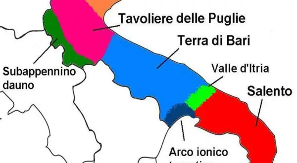Mappa colorata che mostra dove si trova la Puglia, con le sue regioni: Gargano, Tavoliere, Terra di Bari, Valle d'Itria, Salento, Arco ionico tarantino e Subappennino dauno.