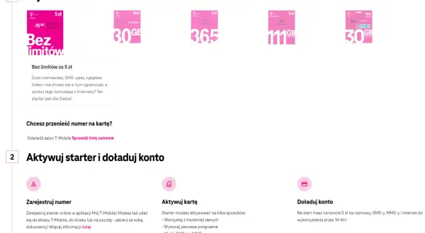 T-Mobile oferta dla przenoszących numer: wybierz starter z pakietem 30 GB za 30 zł lub 111 GB za 5 zł. Aktywuj kartę i doładuj konto.
