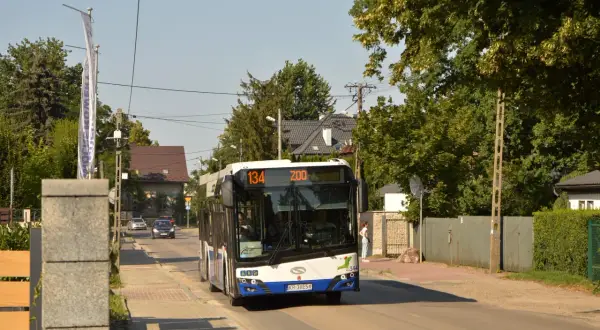 Autobus linii 134 z napisem "ZOO" jedzie ulicą w Krakowie, wśród zieleni i domów.