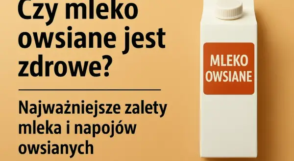 Biały kartonik mleka owsianego na pomarańczowym tle z tekstem.
