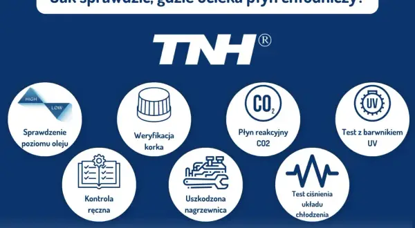 Grafika pokazuje metody diagnozowania wycieków płynu chłodniczego: kontrola poziomu oleju, weryfikacja korka, płyn reakcyjny CO2, test UV, kontrola ręczna, uszkodzona nagrzewnica i test ciśnienia układu.