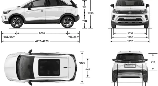 Opel Crossland wymiary: długość 4217-4229 mm, szerokość 1765 mm, wysokość 1605 mm. Widok z boku, przodu, tyłu i góry.