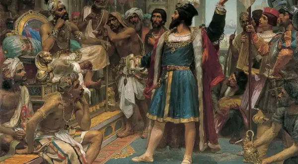 Vasco da Gama przemawia do władcy Indii, otoczony dworzanami i żołnierzami.