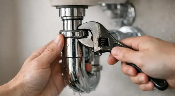 Main tenant utilise une clé pour récupérer un objet dans la canalisation sous un lavabo.