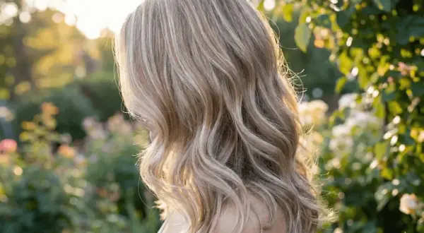 Kobieta z falowanymi, blond włosami, które mienią się w słońcu. W tle rozmyty ogród z kwiatami. Idealne tonery do włosów dla naturalnego blasku.