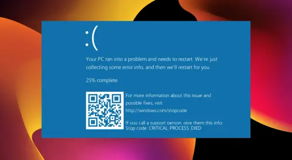 Niebieski ekran śmierci Windows z komunikatem CRITICAL_PROCESS_DIED. Komputer napotkał problem i musi zostać zrestartowany.