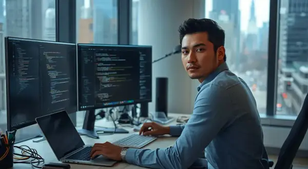 Un développeur concentré sur son écran, tapant du code Python. La ville s'étend derrière lui.