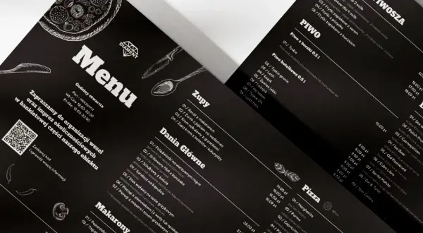 Eleganckie czarne menu z białymi napisami. Zawiera sekcje: Zupy, Dania Główne, Makarony, Pizza, Piwo, Zestawy Piwosza. Idealne do organizacji wesel i imprez.