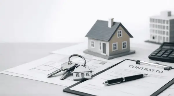 Chiavi con portachiavi a forma di casa, contratto, calcolatrice e modelli di edifici. Potrebbe essere una **monitoria di sgombero** o un accordo immobiliare.