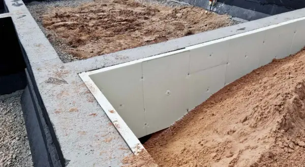 Budowa domu w toku. Betonowe stopy fundamentowe otaczają wykop, w którym widać izolację ze styropianu i piasek.