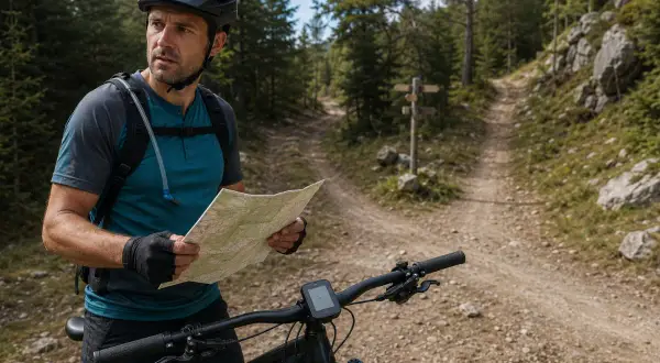 Ciclista con casco y mochila de hidratación consulta un mapa en un sendero de montaña, buscando la ruta ideal, quizás comparándola con un archivo GPX.
