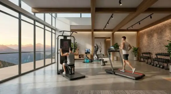 Männer trainieren im modernen Fitnessraum mit Panoramablick. Einer läuft auf dem Laufband, der andere am Kraftgerät. Jeden Tag 20 Minuten Hometrainer für die Gesundheit.
