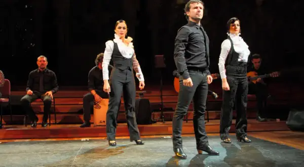 Artistas de flamenco en escena, con un guitarrista y percusionista. El jaleo significado de esta expresión artística es la pasión y el arte.