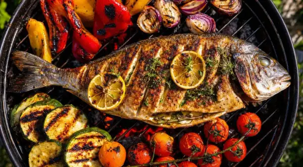 Une parillada de poisson grillé avec des légumes colorés : poivrons, courgettes, tomates cerises et oignons. Des rondelles de citron et des herbes aromatiques complètent ce plat savoureux.