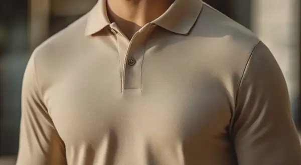 Ein Mann trägt ein hellbraunes Poloshirt. Der Kragen ist aufgeklappt und ein Knopf ist sichtbar.