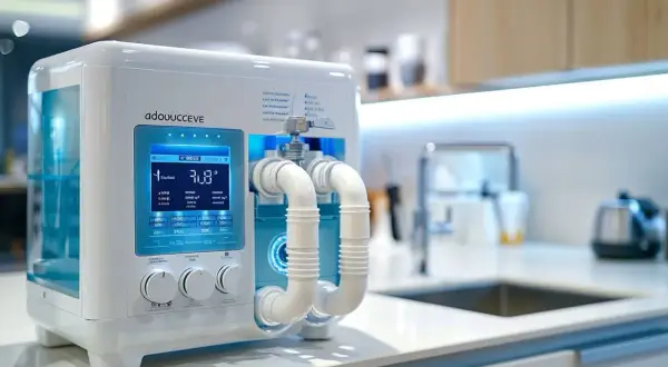 Appareil moderne pour récupérer l'eau de régénération de l'adoucisseur, avec écran digital et tuyaux blancs.